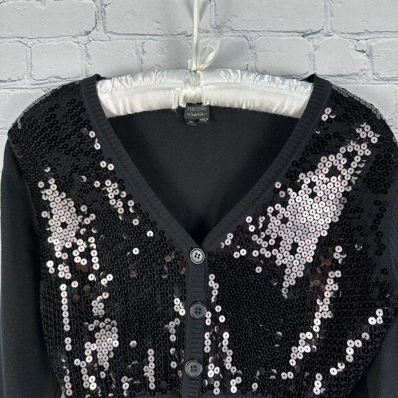 Nicole Miller Women's Sequin Accent V-Neck Cropped Cardigan, Size Med, Black - Picture 5 of 10